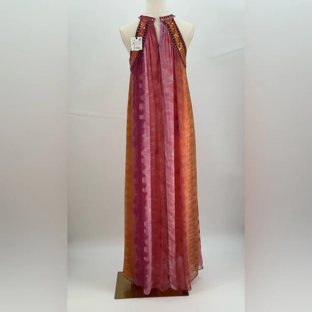 Zara Ombre Halter Maxi Pink Orange Flowing Chiffon Evening Summer Dress SZ XS - Picture 11 of 15